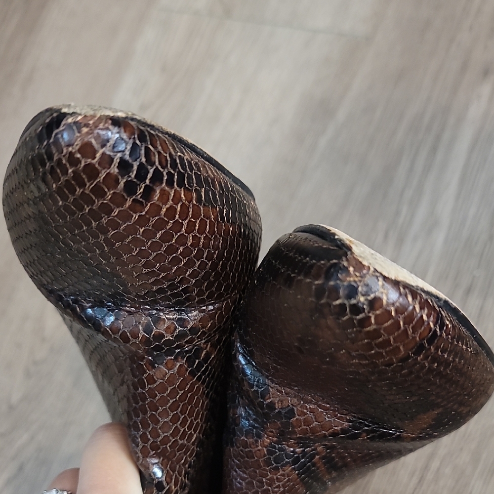 Brown Leather Snakeskin Embossed Knee-High Boots - Picture 9 of 16